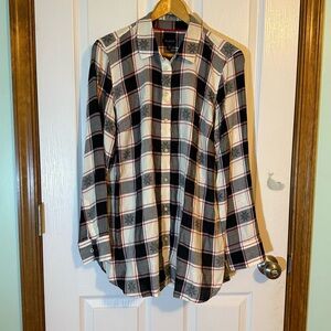 Talbots Holiday Black/White/Red Plaid Button Up Blouse With Snowflakes Medium